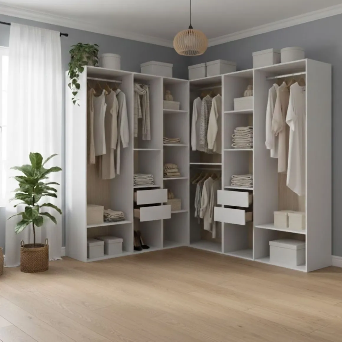 Armario vestidor Suit 4 barras con 4 cajones y compartimentos blanco/natural 205x182,5x182,5 cm