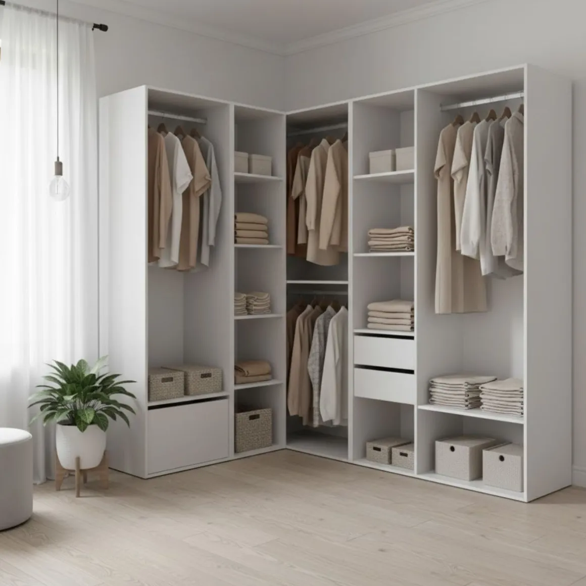 Armario vestidor Suit 4 barras con zapatero y compartimentos blanco/natural 205x182,5x144,5 cm