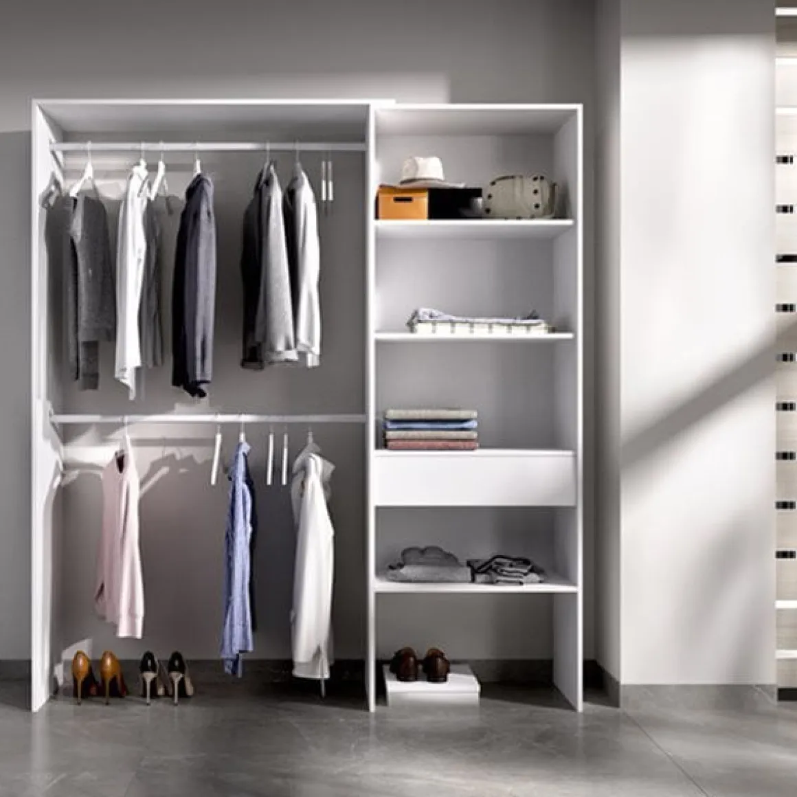 Armario vestidor Suit 2 barras con 4 compartimentos y 1 cajón 187x110-160x40 cm