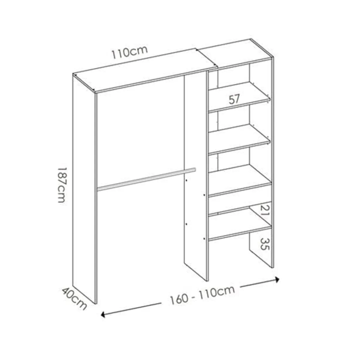 Armario vestidor Suit 2 barras con 4 compartimentos y 1 cajón 187x110-160x40 cm