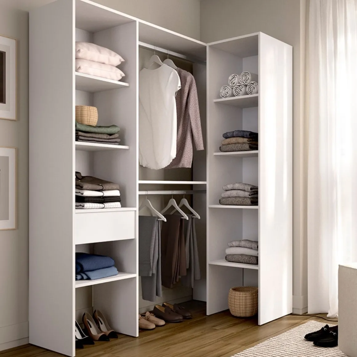 Armario vestidor Suit 2 barras con cajón y compartimentos blanco 185x126,3x79,5 cm