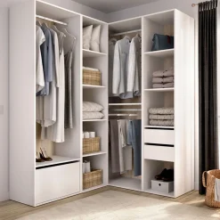 Armario vestidor Suit 3 barras con 2 cajones y zapatero blanco/natural 205x144,5x124 cm