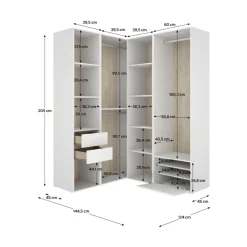 Armario vestidor Suit 3 barras con 2 cajones y zapatero blanco/natural 205x144,5x124 cm
