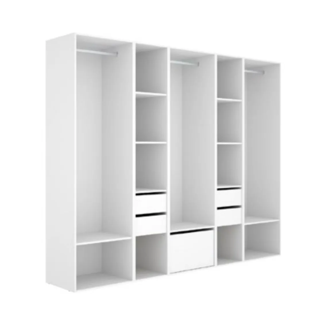 Armario vestidor Suit 3 barras con 4 cajones y zapatero blanco/natural 205x256x45 cm