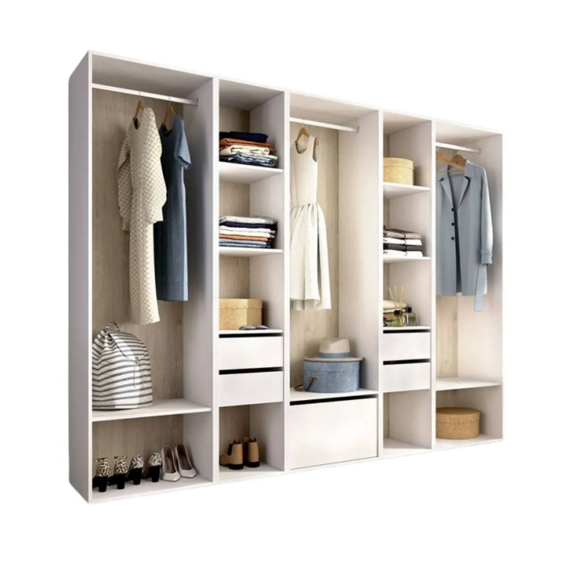 Armario vestidor Suit 3 barras con 4 cajones y zapatero blanco/natural 205x256x45 cm