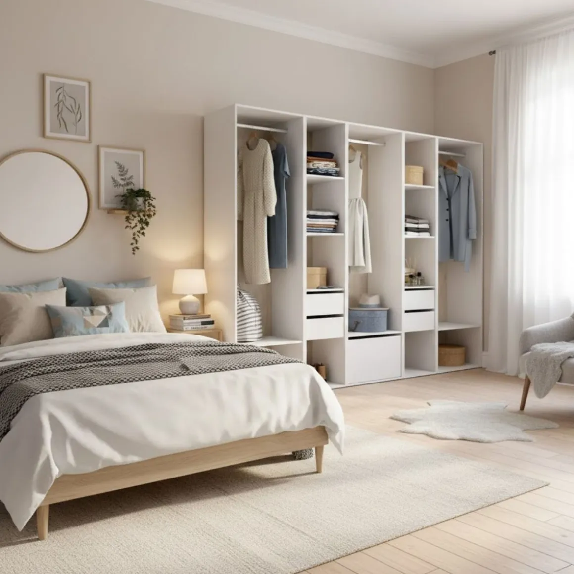 Armario vestidor Suit 3 barras con 4 cajones y zapatero blanco/natural 205x256x45 cm