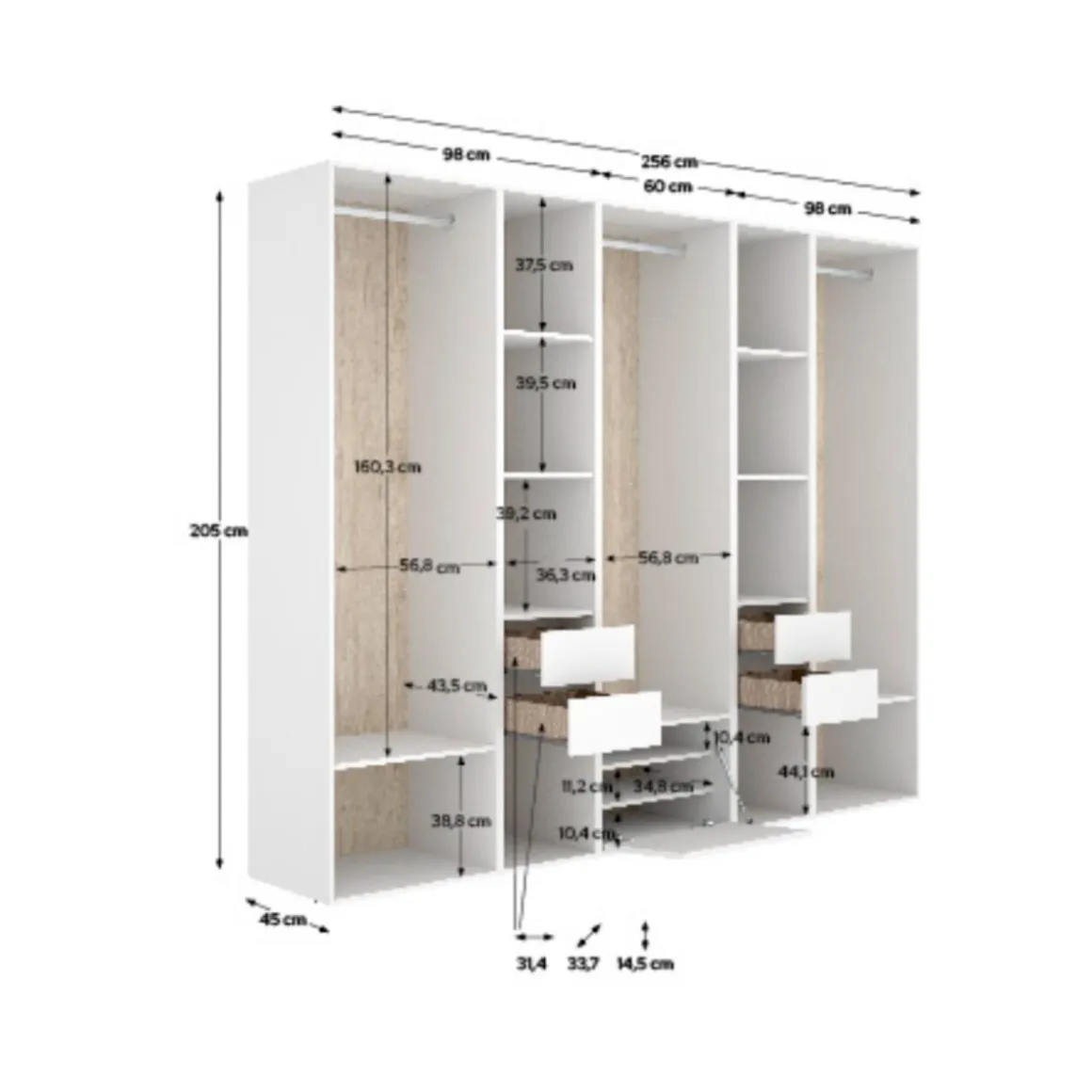 Armario vestidor Suit 3 barras con 4 cajones y zapatero blanco/natural 205x256x45 cm