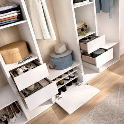 Armario vestidor Suit 3 barras con 4 cajones y zapatero blanco/natural 205x256x45 cm