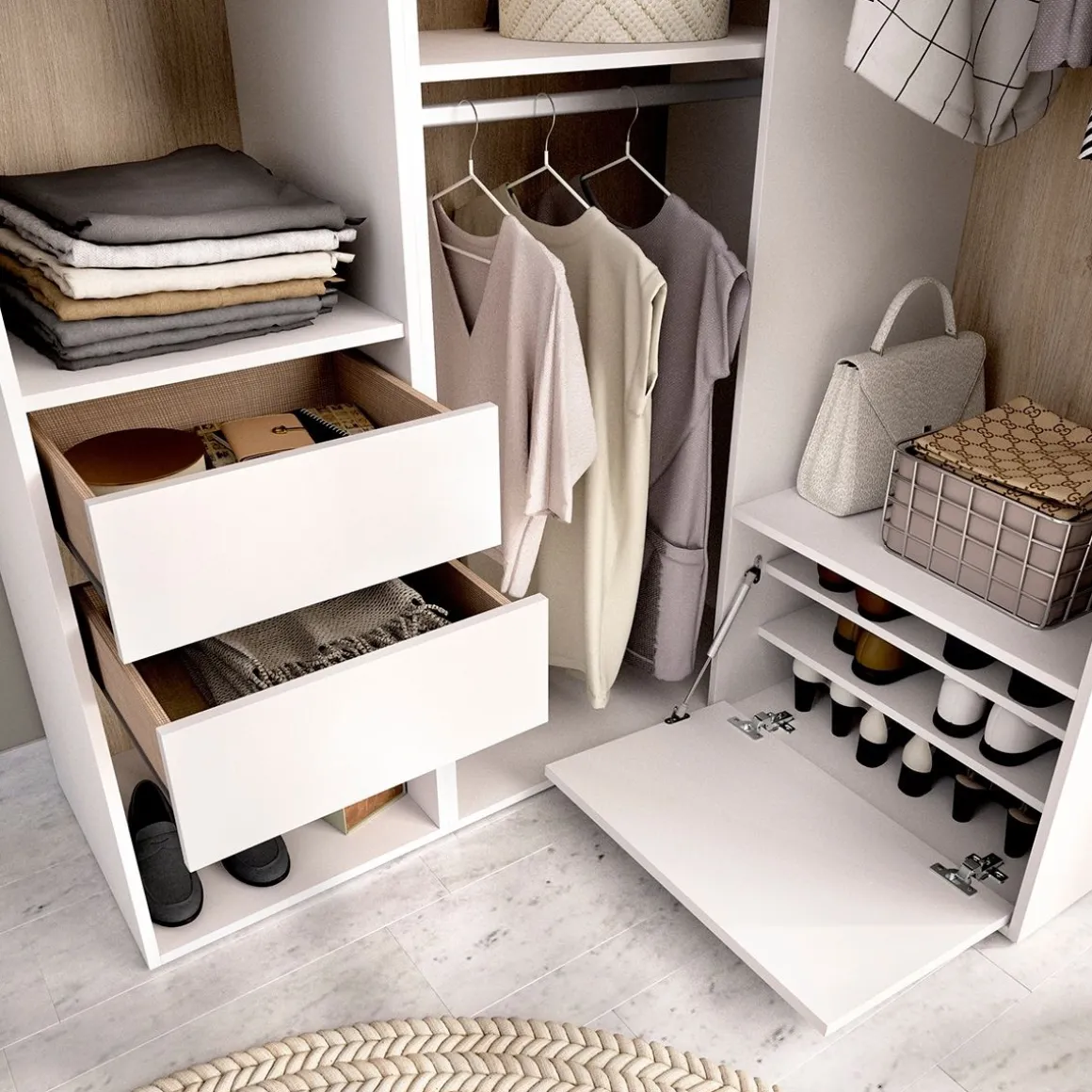 Armario vestidor Suit 3 barras con zapatero blanco/natural 205x124x105 cm