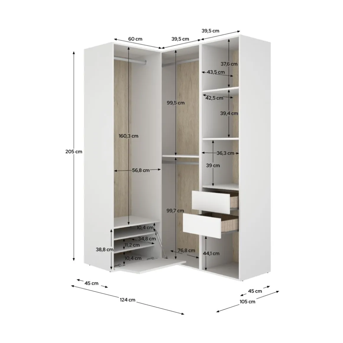 Armario vestidor Suit 3 barras con zapatero blanco/natural 205x124x105 cm