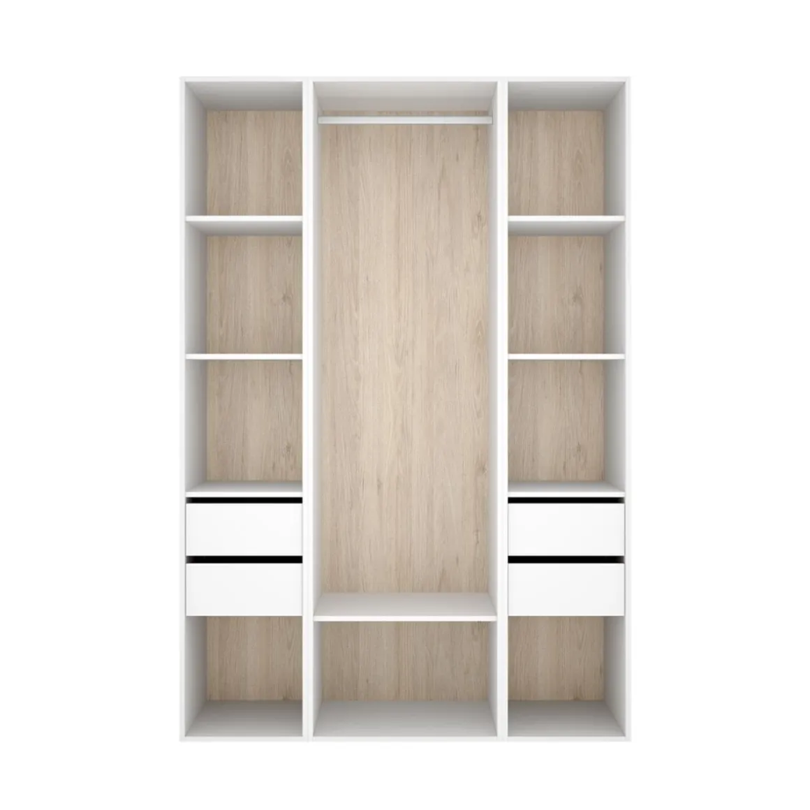 Armario vestidor Suit 4 cajones con barra y compartimentos blanco/natural 205x137,5x45 cm
