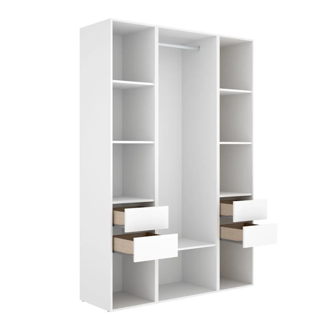 Armario vestidor Suit 4 cajones con barra y compartimentos blanco/natural 205x137,5x45 cm