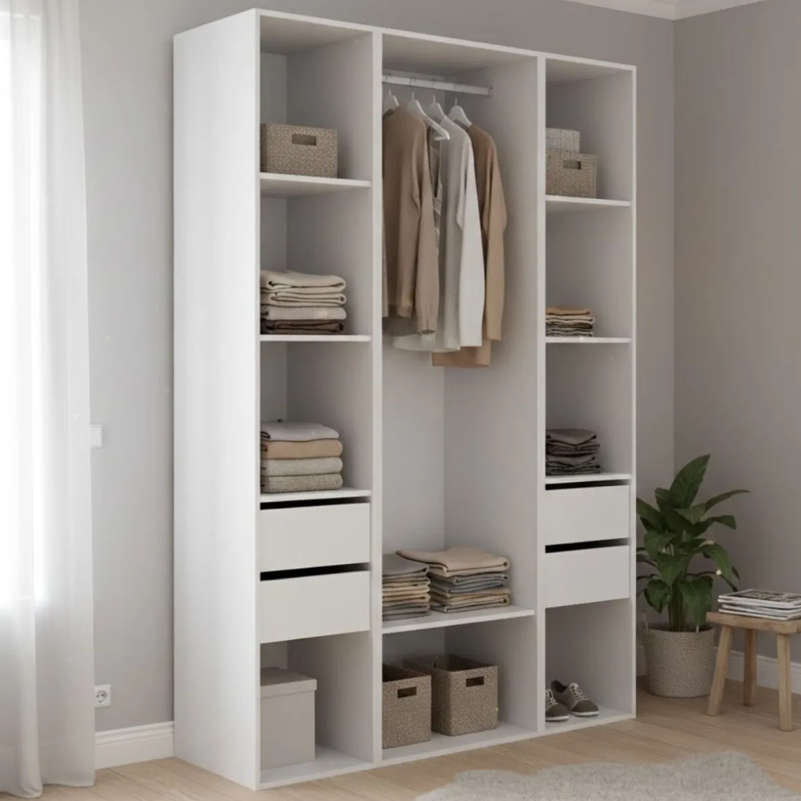 Armario vestidor Suit 4 cajones con barra y compartimentos blanco/natural 205x137,5x45 cm