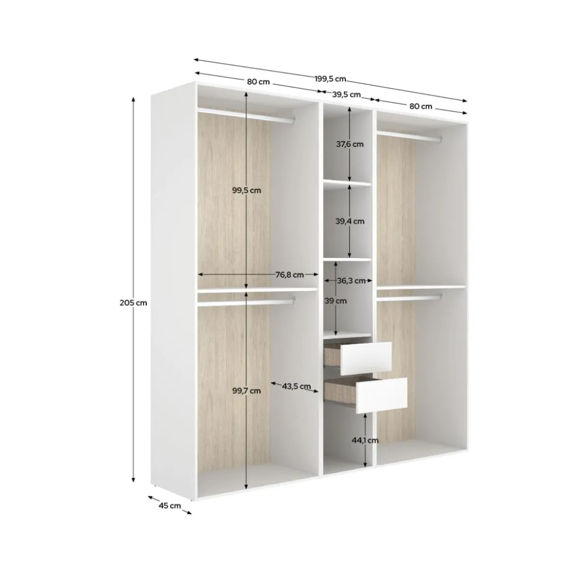 Armario vestidor Suit 2 cajones con 4 barras blanco/natural 205x199,5x45 cm