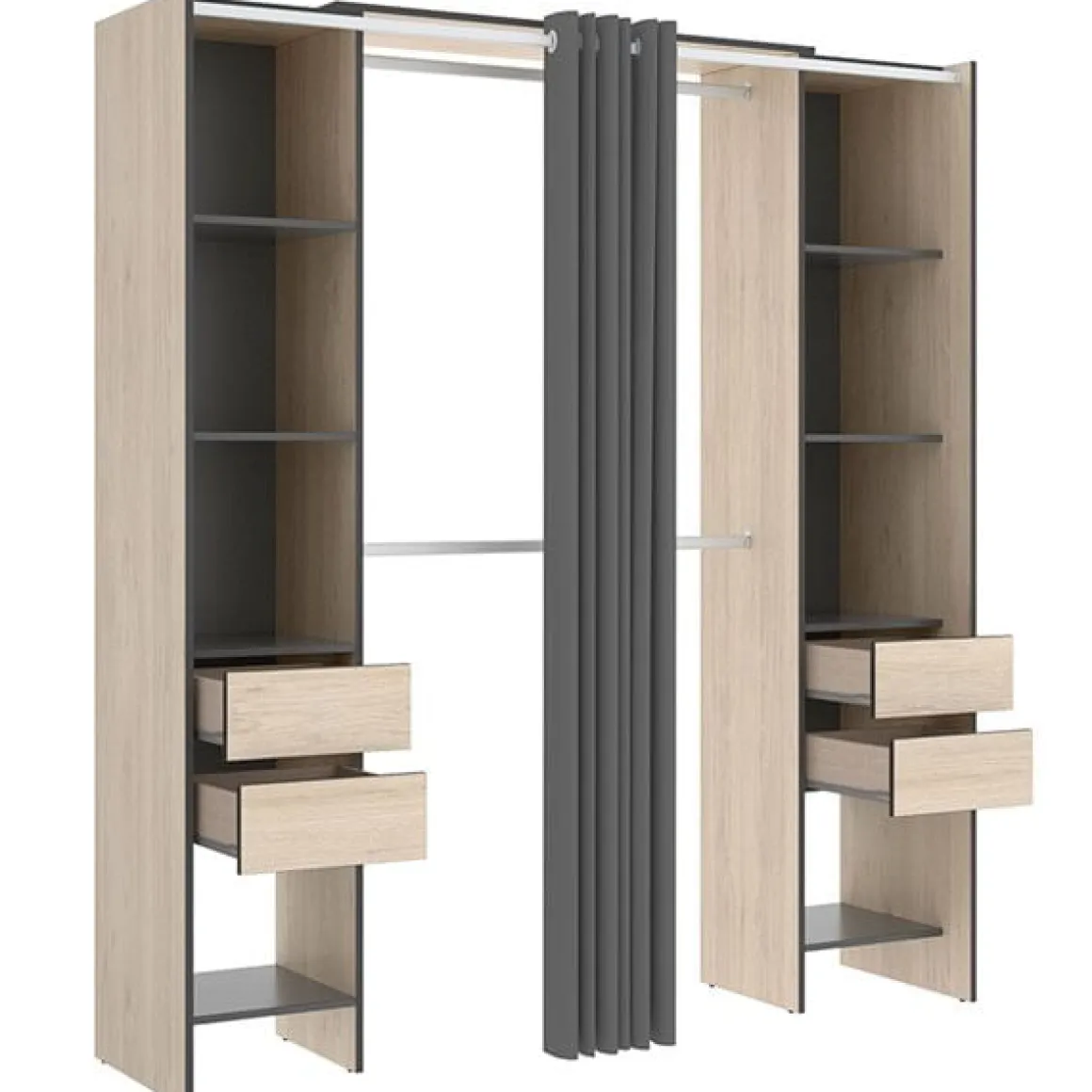 Armario vestidor Suit 8 compartimentos con 2 barras, cortina y 4 cajones 205x179x50 cm