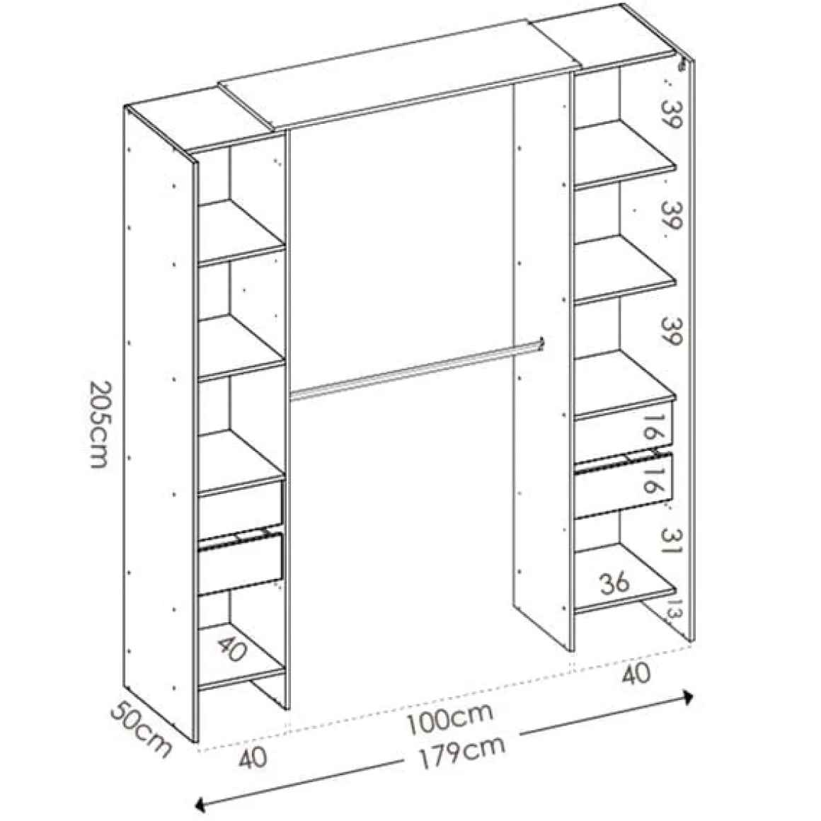 Armario vestidor Suit 8 compartimentos con 2 barras, cortina y 4 cajones 205x179x50 cm