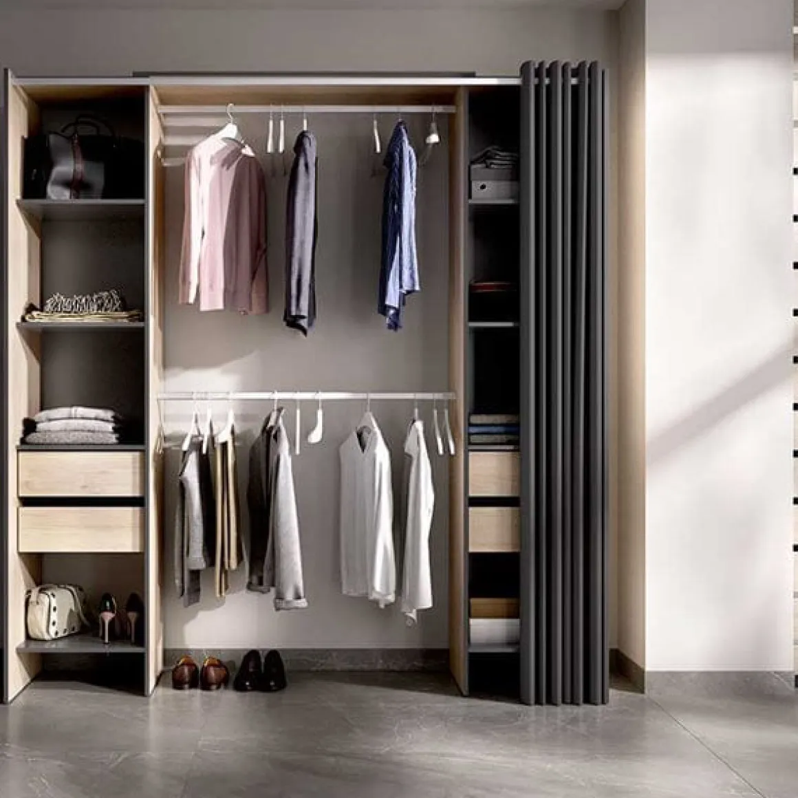 Armario vestidor Suit 8 compartimentos con 2 barras, cortina y 4 cajones 205x179x50 cm