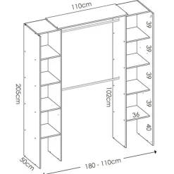 Armario vestidor Suit 8 estantes con 2 barras y cortina 205x110-180x50 cm