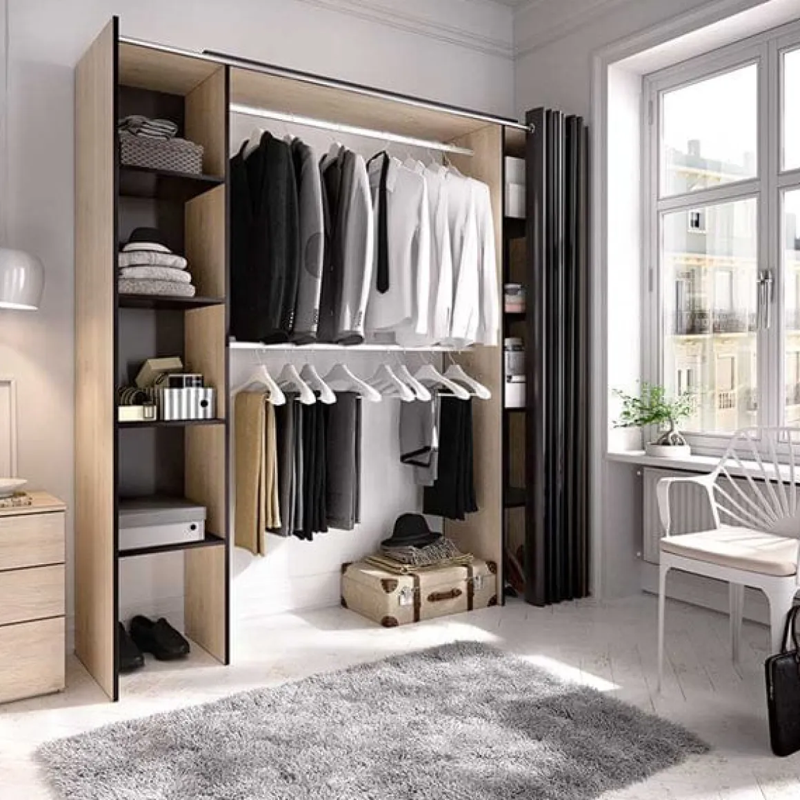 Armario vestidor Suit 8 estantes con 2 barras y cortina 205x110-180x50 cm