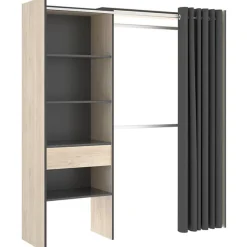 Armario vestidor Suit 4 estantes con 2 barras, cortina y cajón grafito/natural 205x160x50 cm