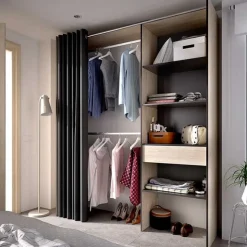 Armario vestidor Suit 4 estantes con 2 barras, cortina y cajón grafito/natural 205x160x50 cm