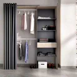 Armario vestidor Suit 4 estantes con 2 barras, cortina y cajón grafito/natural 205x160x50 cm