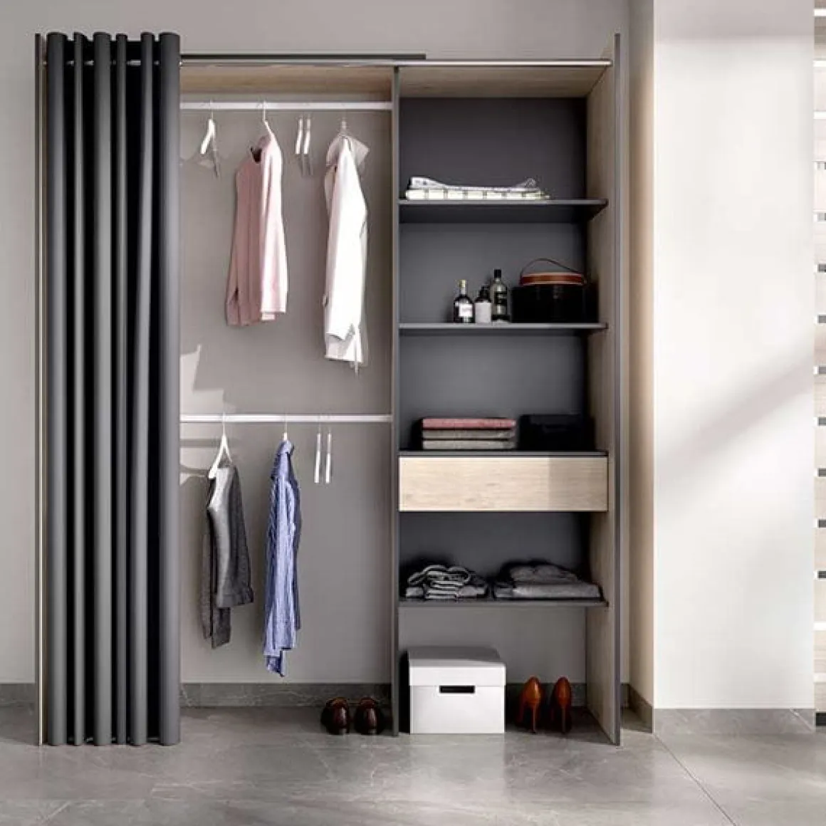 Armario vestidor Suit 4 estantes con 2 barras, cortina y cajón grafito/natural 205x160x50 cm
