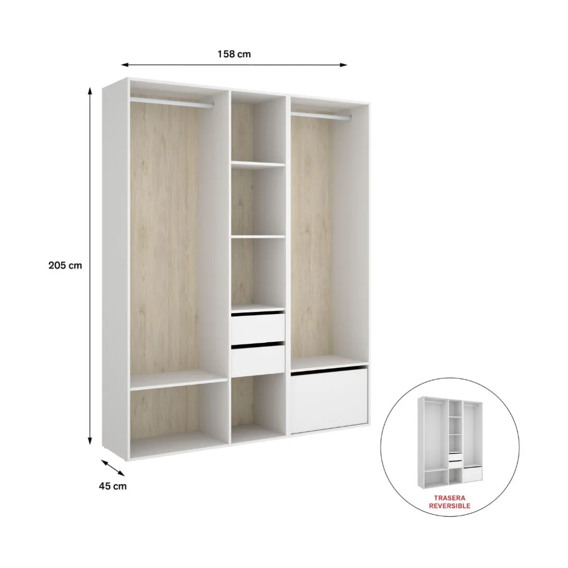 Armario vestidor Suit 2 módulos + 2 barras + zapatero blanco/natural 205x158x45 cm