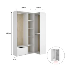 Armario vestidor Suit 2 módulos + 3 barras + zapatero blanco/natural 205x144,5x79,5 cm