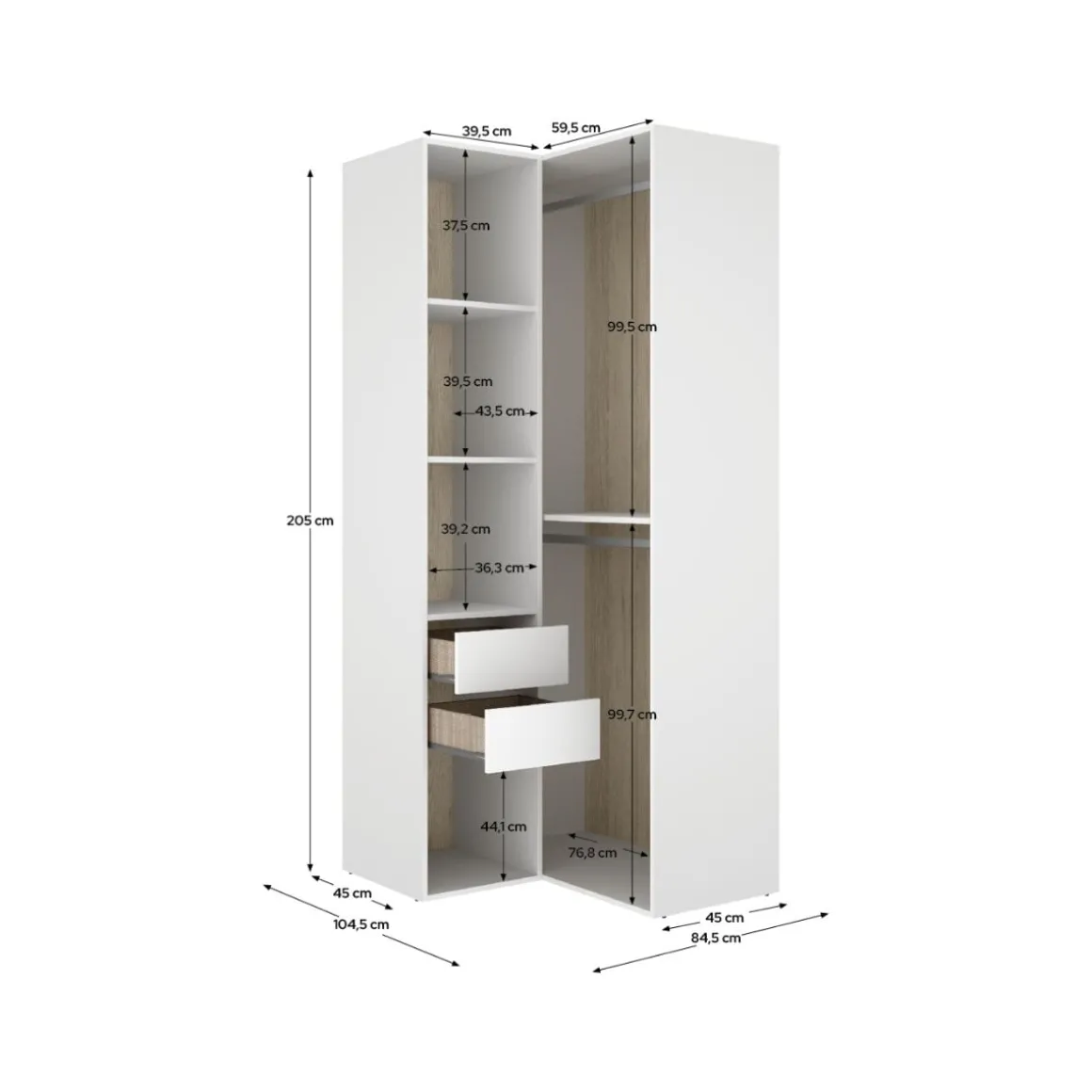 Armario vestidor Suit diseño esquinero trasera reversible blanco/natural 205x84,5x104,5 cm
