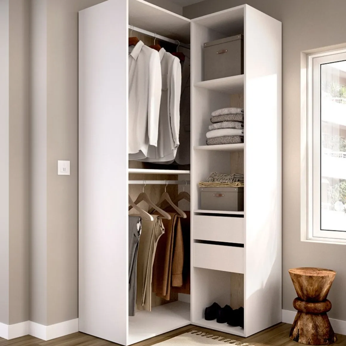 Armario vestidor Suit diseño esquinero trasera reversible blanco/natural 205x84,5x104,5 cm