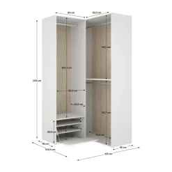 Armario vestidor Suit diseño esquinero con 3 barras y zapatero blanco/natural 205x105x104,5 cm
