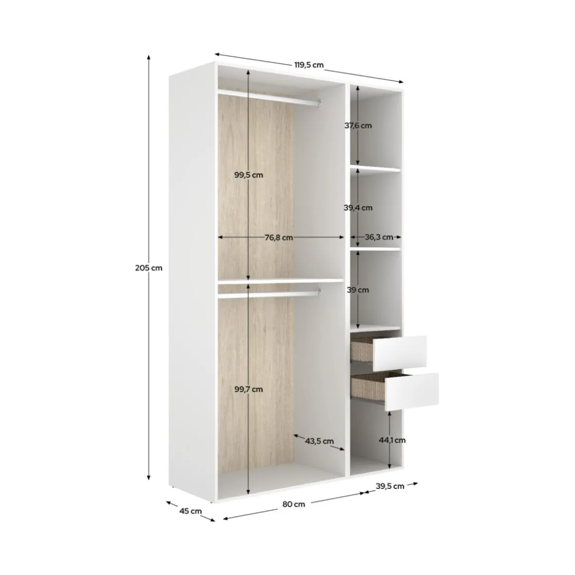 Armario vestidor Suit dos barras y 4 compartimentos blanco/natural 205x119,5x45 cm
