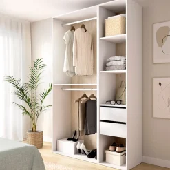 Armario vestidor Suit dos barras y 4 compartimentos blanco/natural 205x119,5x45 cm