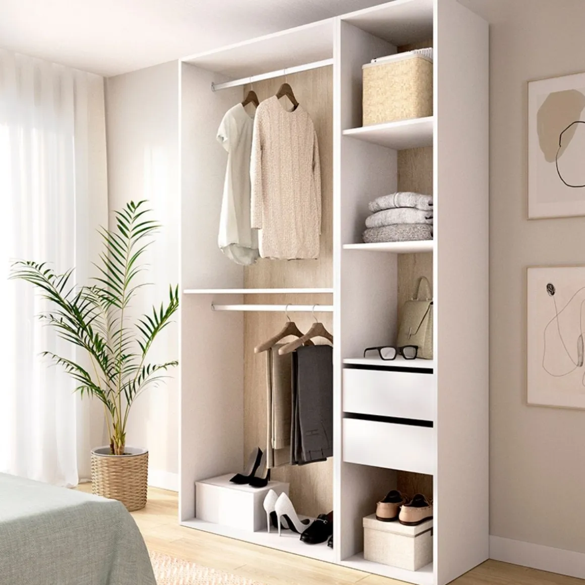 Armario vestidor Suit dos barras y 4 compartimentos blanco/natural 205x119,5x45 cm