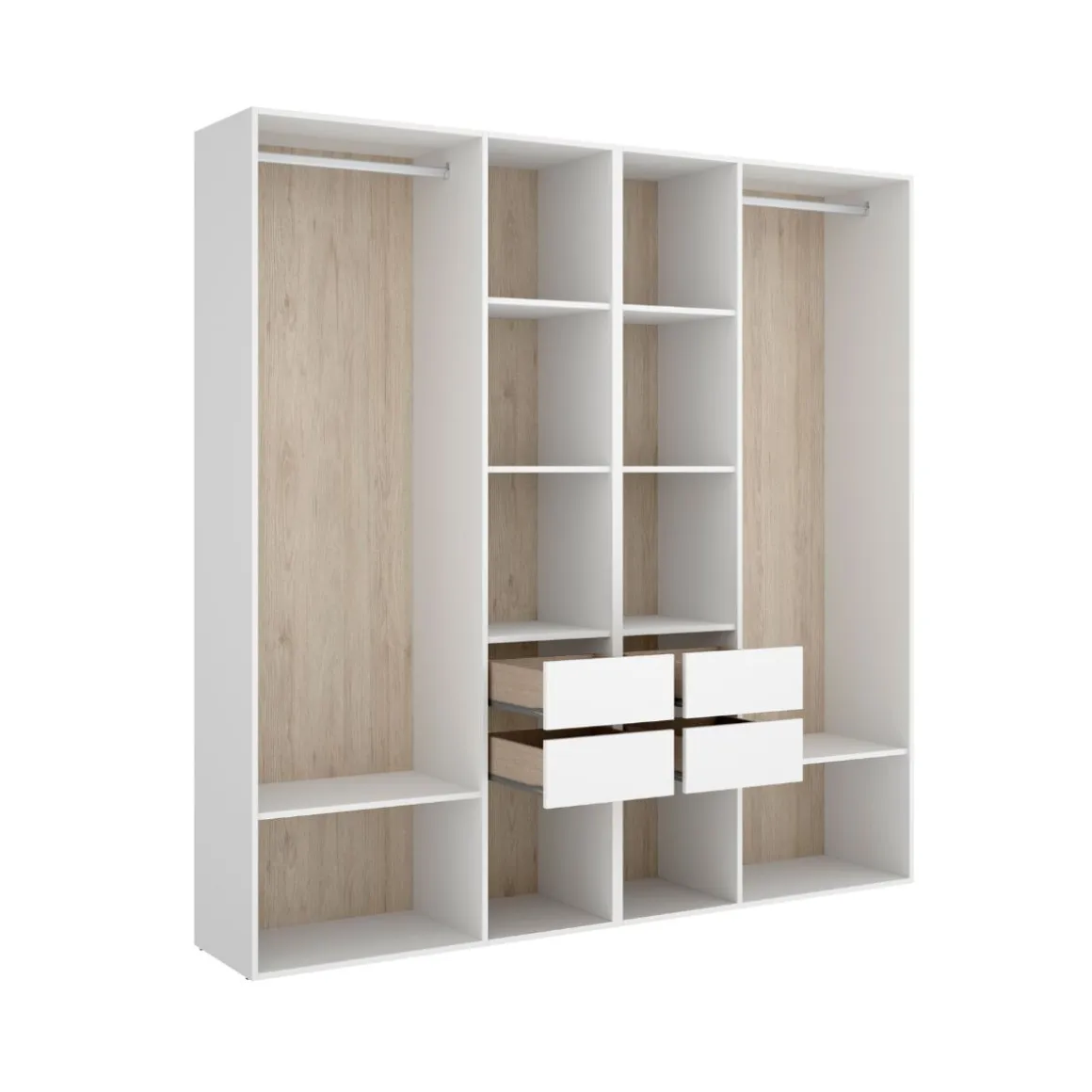 Armario vestidor Suit reversible 4 cajones + 2 barras + 2 columnas blanco/natural 205x196x45 cm