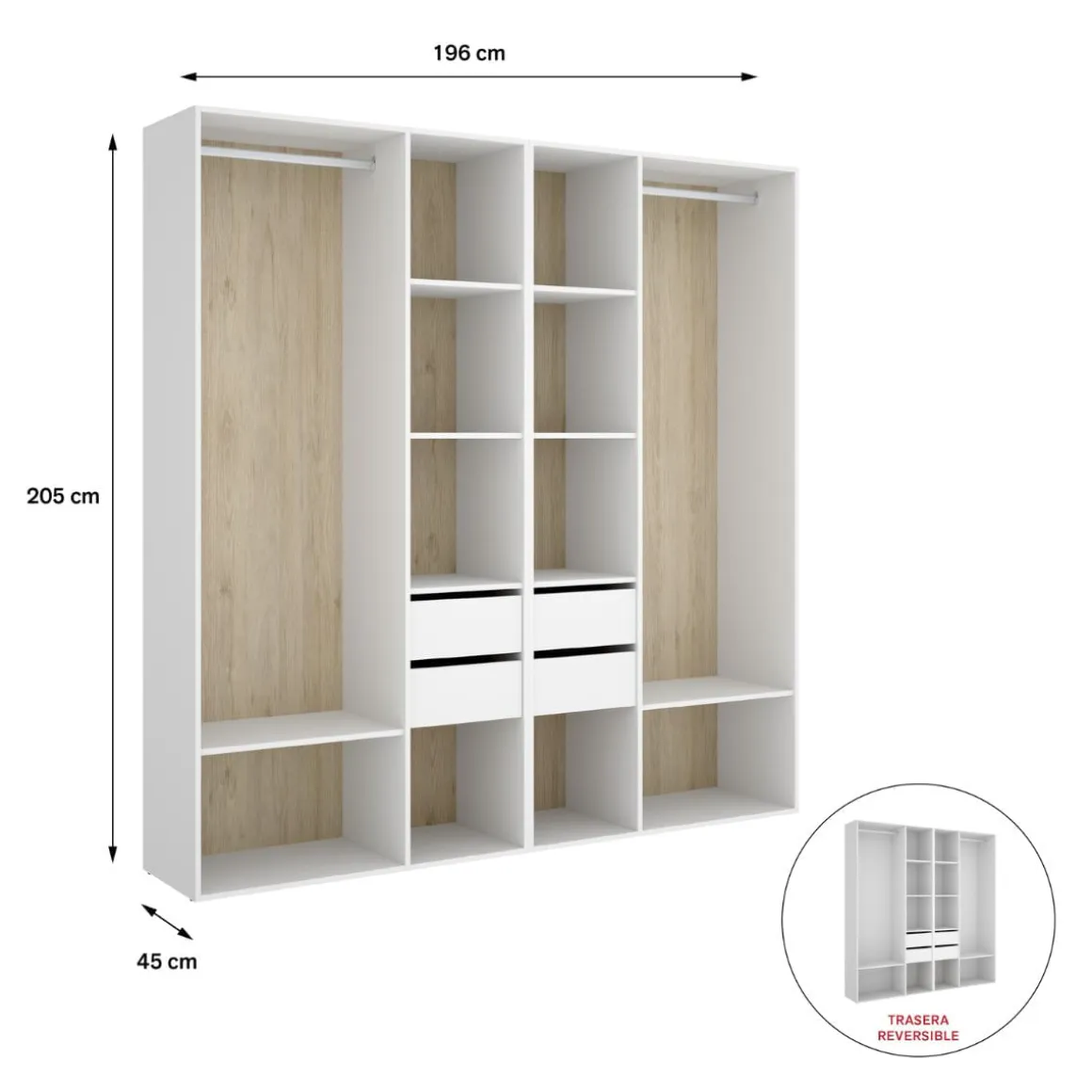 Armario vestidor Suit reversible 4 cajones + 2 barras + 2 columnas blanco/natural 205x196x45 cm