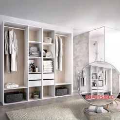 Armario vestidor Suit reversible 4 cajones + 2 barras + 2 columnas blanco/natural 205x196x45 cm