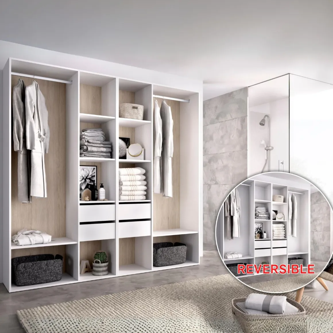 Armario vestidor Suit reversible 4 cajones + 2 barras + 2 columnas blanco/natural 205x196x45 cm