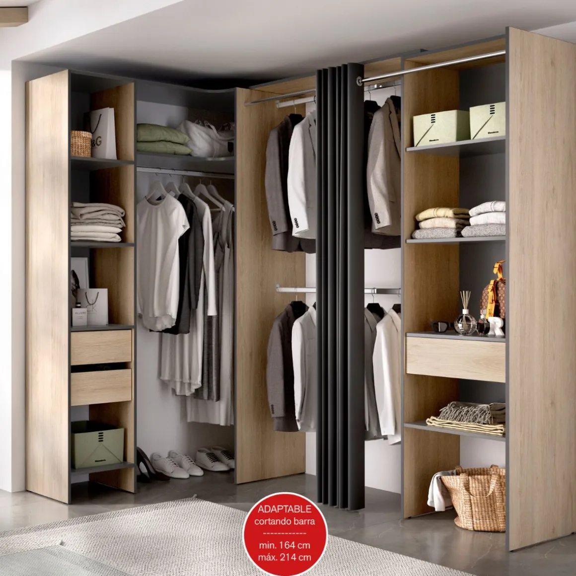 Armario vestidor Suit reversible 3 cajones + 3 barras + 2 columnas 205x164-214x141 cm