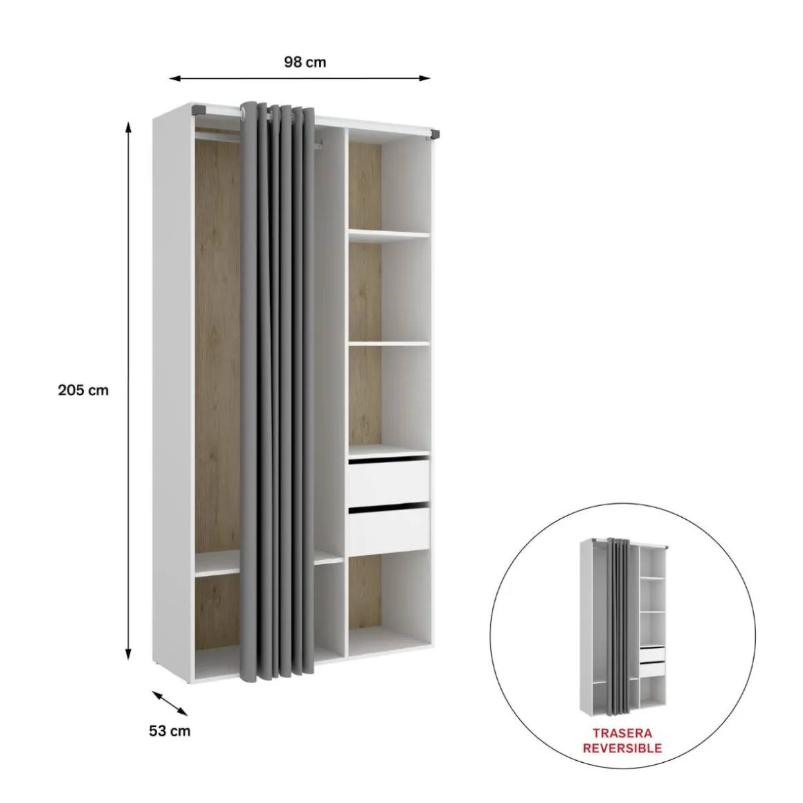 Armario vestidor Suit reversible 2 cajones + cortina blanco/natural 205x98x53 cm
