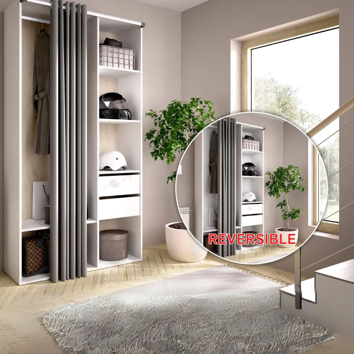 Armario vestidor Suit reversible 2 cajones + cortina blanco/natural 205x98x53 cm