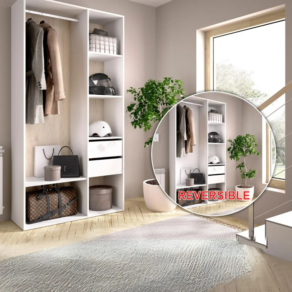 Armario vestidor Suit reversible 2 cajones blanco/natural 205x98x45 cm