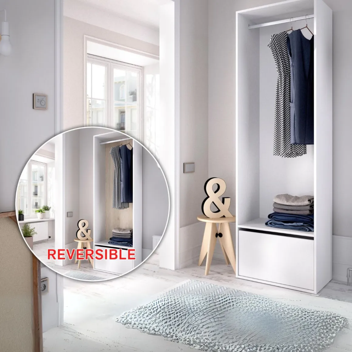 Armario vestidor Suit reversible con barra para colgar + zapatero blanco 205x60x45 cm