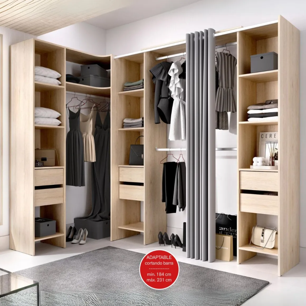 Armario vestidor Suit reversible 6 cajones + 3 barras + 3 columnas 205x164-234x141 cm