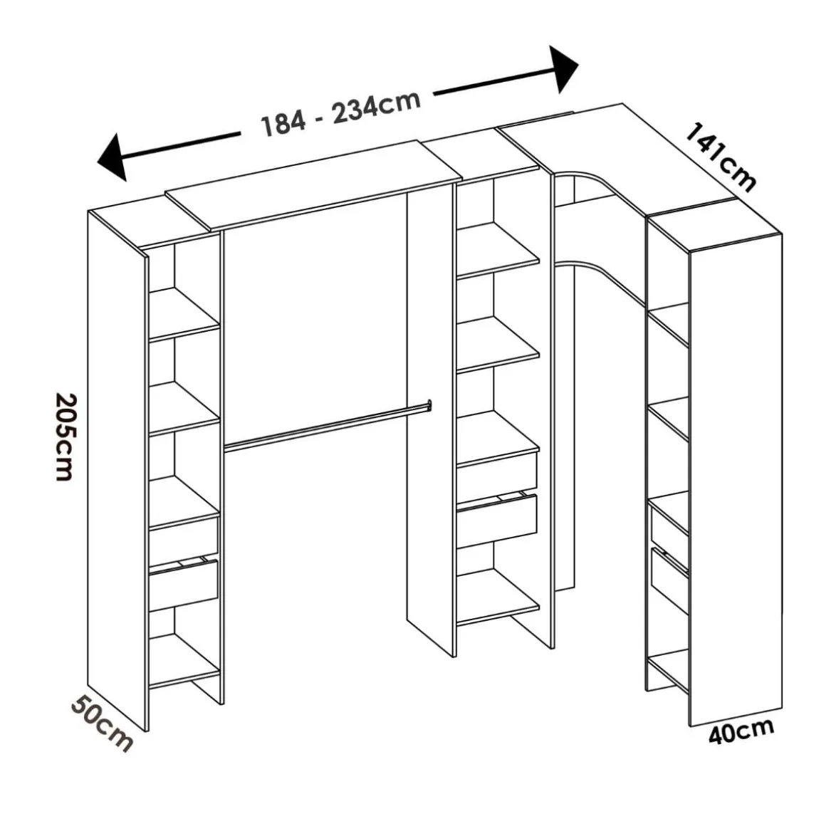 Armario vestidor Suit reversible 6 cajones + 3 barras + 3 columnas 205x164-234x141 cm