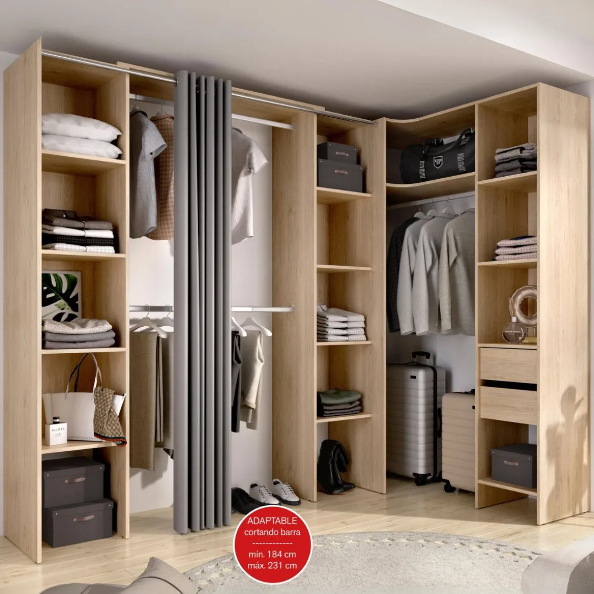 Armario vestidor Suit reversible 2 cajones + 3 barras + 3 columnas 205x164-214x141 cm