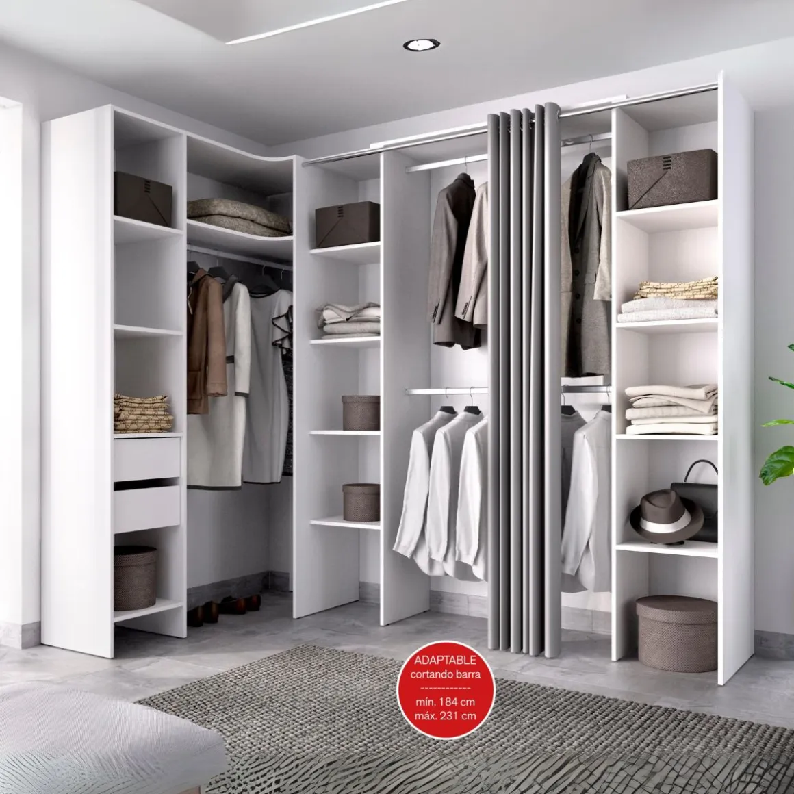 Armario vestidor Suit reversible 2 cajones + 3 barras + 3 columnas 205x164-214x141 cm