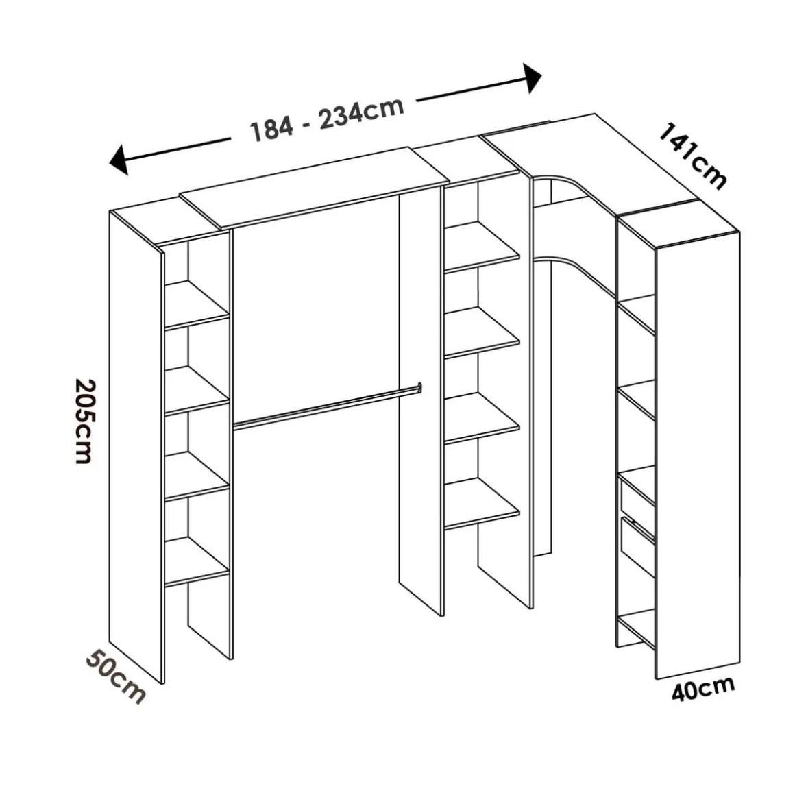 Armario vestidor Suit reversible 2 cajones + 3 barras + 3 columnas 205x164-214x141 cm
