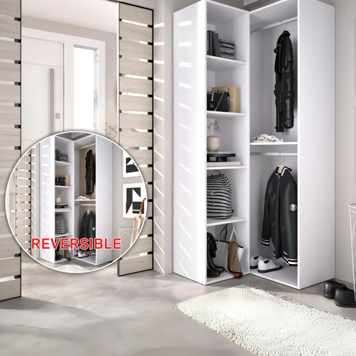 Armario vestidor Suit rinconero reversible 2 barras + 4 estantes blanco 205x84,5x84,5 cm